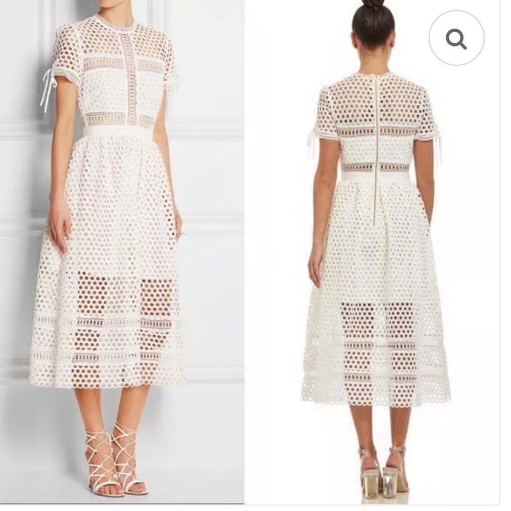 Self Portrait Macramé Lace Midi Dress White Panelled
Crochet Knit Sheer